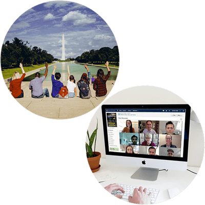 Online Masters in Teaching students sitting at the pool at the Washington monument