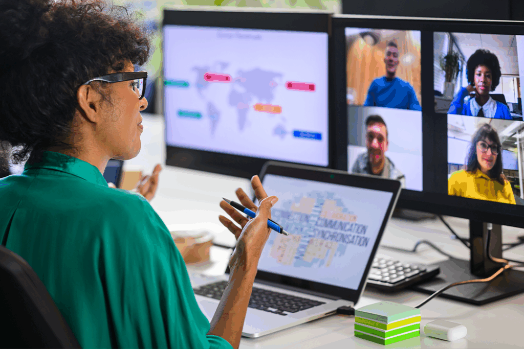 A person participates in a virtual meeting with four colleagues, using a laptop and multiple monitors displaying charts and a video call.
