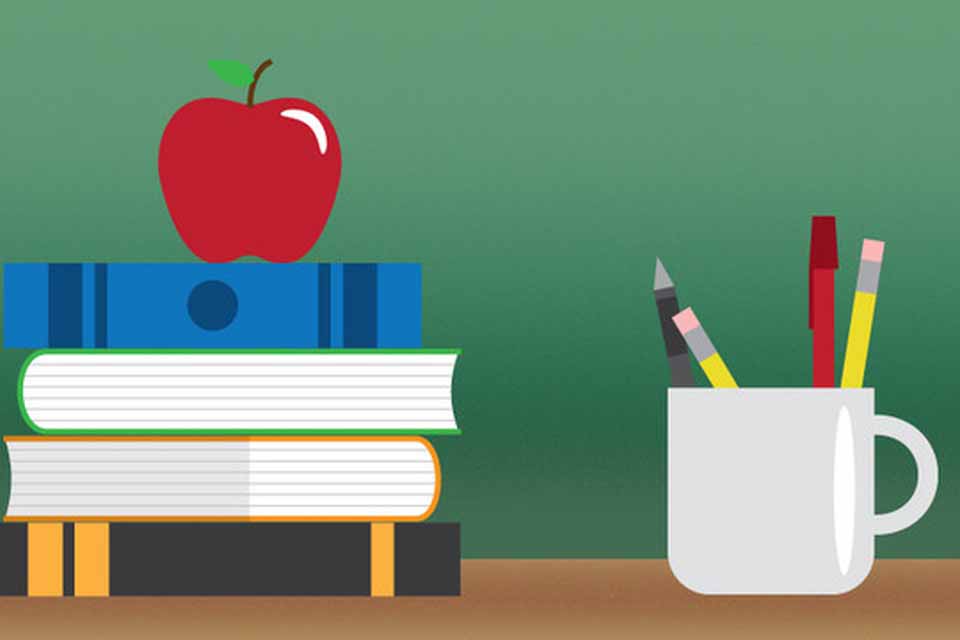 An apple above three books.
